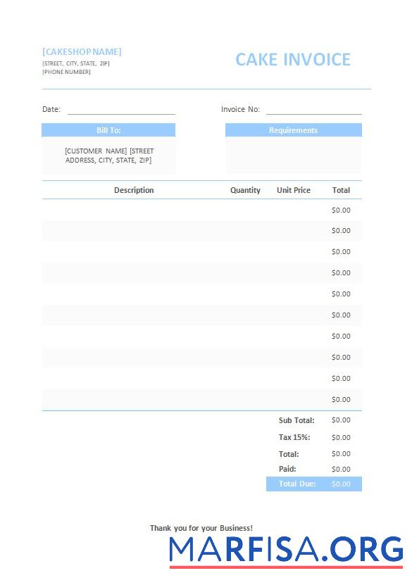 Downloadable Free Cake Invoice Template